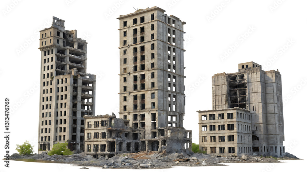 Abandoned and Ruined Skyscrapers - Isolated on White Background as ...