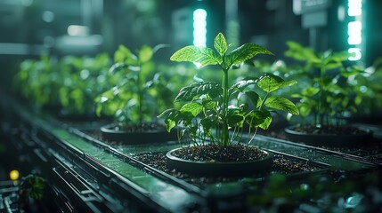 Poster - Serene Futuristic Laboratory with Holographic Plant Ecosystems for Environmental Experiments