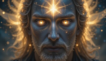 Poster - Ethereal Portrait of a Mystical Being with Radiant Eyes and Glow
