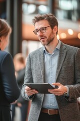 Poster - A man in a gray jacket is holding a tablet in his hand while talking to a woman