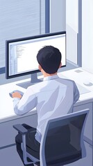 Poster - Person seated at a modern desk with computer illustrating the concept of a digital workspace and online productivity