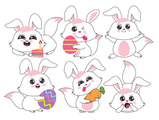 Poster - Easter bunny clipart drawing set. Cute rabbit cartoon character clip art outline in happy, funny face, lying down, standing and holding elements like easter egg, carrots and cake for holiday season 