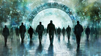 Poster - silhouetted figures walking towards a glowing digital portal in a futuristic urban landscape