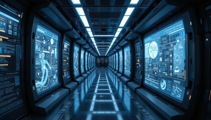 Poster - Futuristic Corridor with Interactive Screens in a Sci-Fi Setting