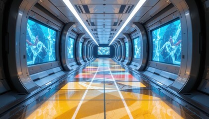 Poster - Futuristic Corridor with High-Tech Displays and Colorful Floor Design
