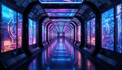 Poster - Futuristic Corridor with Neon Lights and Digital Interfaces