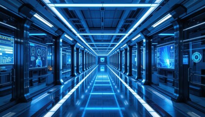 Poster - Futuristic Corridor with Neon Lights and Digital Displays