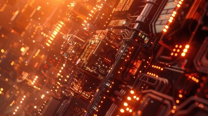 Poster - This abstract background showcases a vibrant computer network filled with glowing orange lights, emphasizing the interconnected digital world and modern technology.