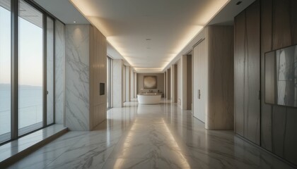 Poster - Modern minimalistic hallway with marble floor and large windows