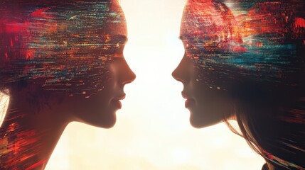 Poster - silhouettes of two women overlaid with abstract cityscape and vibrant colors at sunset