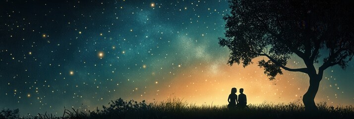 Aufkleber - Couple sits together under a starry sky while enjoying a warm romantic glow in a dreamy atmosphere