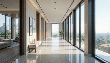 Poster - Modern Minimalist Hallway with Large Windows and City View