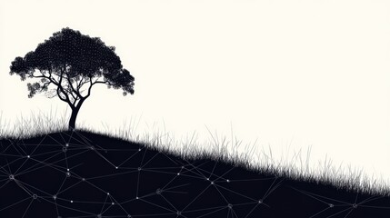 Poster - silhouette of a tree on a hill with a network of lines, symbolizing connectivity and nature