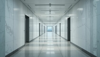 Poster - Modern Office Corridor with Marble Walls and View of Cityscape