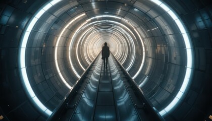 Poster - Mysterious silhouette walking through illuminated futuristic tunnel