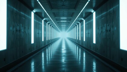 Poster - Futuristic Lighted Corridor with Bright Exit at the End