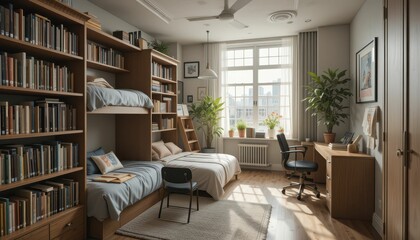Poster - Cozy and Inviting Home Library with Bunk Beds and Natural Light