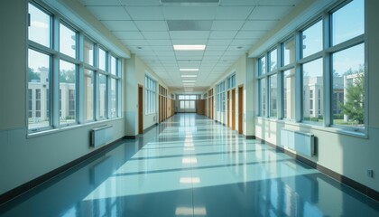 Poster - Bright Modern School Corridor with Large Windows and Minimalist Design