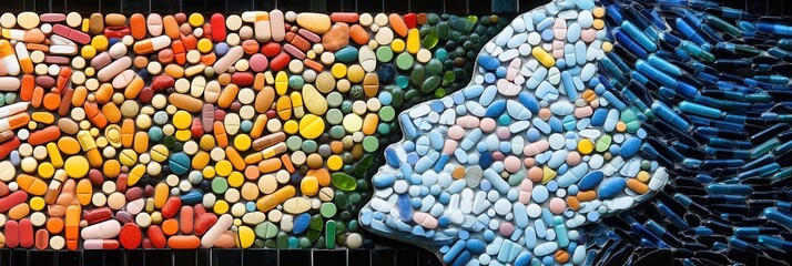 Poster - Intricate mosaic of colorful pills forming a human silhouette in a creative artistic arrangement Generative AI