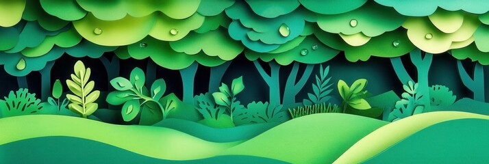 Poster - Lush green tree cutouts create a vibrant eco friendly design with delicate leaves and fresh water droplets for sustainability themes