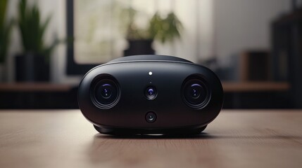Poster - sleek 3d camera on a wooden table with plants in the background, capturing high-quality images