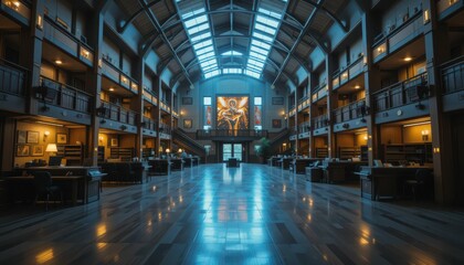 Poster - Serene Library Interior with Artistic Mural and Reflective Floor