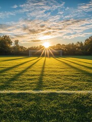 Poster - Soccer field at sunrise showcasing golden sunlight and long shadows across vibrant grass Generative AI