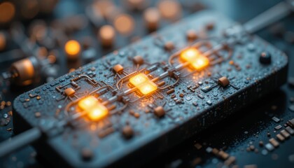 Poster - Advanced Technology Circuit with Glowing Lights and Water Drops