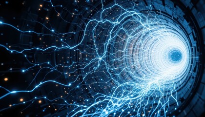 Poster - Electric Blue Lightning in a Futuristic Tunnel with Bright Glow