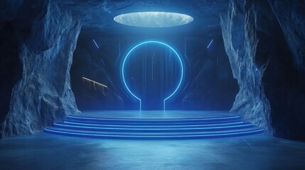 Poster - Abstract futuristic cave stage, glowing blue circle, empty platform, product display, background use