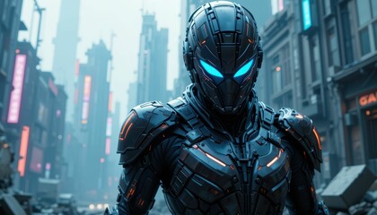 Poster - Futuristic Robotic Figure in Cyberpunk Cityscape at Dusk