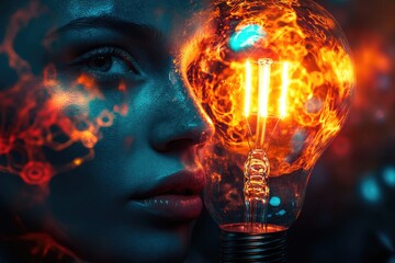 Wall Mural - a woman's face merges with a fiery lightbulb, symbolizing creativity and inner brilliance.