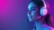 © julia - Close up of a young female technical support dispatcher working in a call center. Beautiful Woman with Headphones in Neon Lights