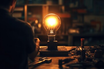 Wall Mural - a glowing light bulb illuminates a workbench, casting a warm glow on tools and a person's back.