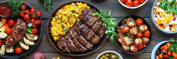 Poster - Delicious assortment of grilled meats and vibrant side dishes arranged on a rustic wooden table Generative AI