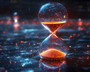 Poster - Futuristic Glowing Neon Hourglass with Dynamic Digital Particles