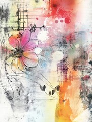 Poster - Mixed media art showcasing watercolor splashes and pencil sketches with a floral focal point and vibrant textures throughout the composition