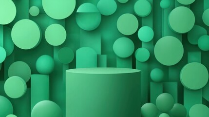 Poster - Abstract green geometric shapes, pedestal display, digital art, background, product presentation, graphic design, trendy, modern, 3D rendering