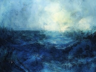 Poster - Serene Abstract Ocean Waves Under Cloudy Sky in Vivid Blue Tones with Textured Brush Strokes and Soft Light Breaking Through the Atmosphere