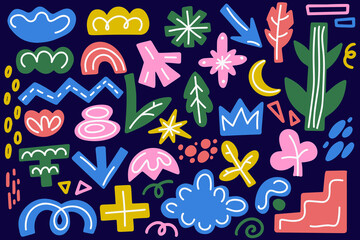 Poster - abstract organic shapes on dark background. retro vector set with clouds flowers and funky stars. do