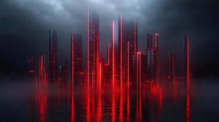 Poster - Futuristic city skyline with red neon lights, fog, and reflections