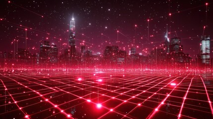 Poster - Futuristic cityscape at night with digital grid overlay. Stock photo showcasing advanced technology, possible use for presentations or advertisements