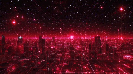 Poster - Futuristic city night, digital network, glowing red light, abstract art, stock photo