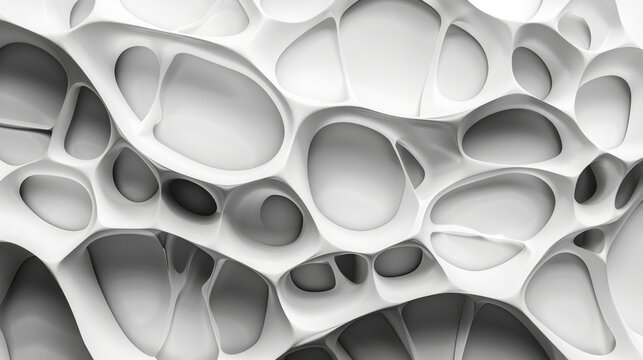 Abstract white organic structure with holes. Modern 3D texture design. Background image of 3D rendering white structure with hole. Abstract art of macrography of bone structure or wavy texture. AIG51.