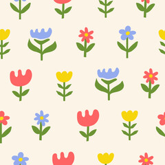 Poster - Seamless pattern with hand drawn flowers on a beige background. Cute floral minimal print. Childish design. Vector illustration