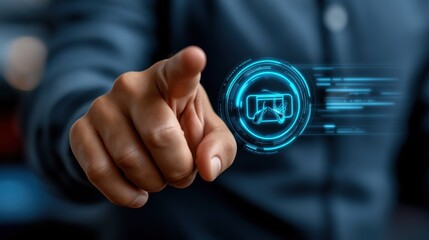 Poster - person touches a holographic virtual reality symbol in a contemporary setting, showcasing advanced technology and immersive experiences in a professional environment