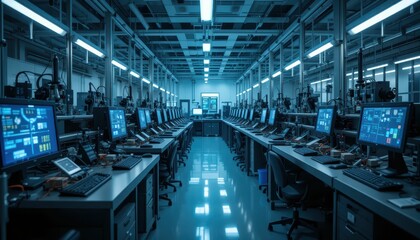 Poster - Modern Technology Lab with Computers and Workstations in Blue Lighting