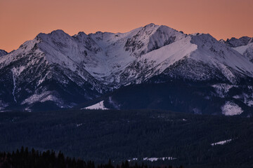 Fototapete - Winter panorama of Tatra Mountains at sunrise. Poland