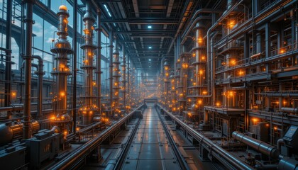 Poster - Industrial Interior with Bright Lights and Metal Pipes in Factory