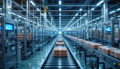 Poster - Wide-Angle View of Automated Factory Production Line with Packages